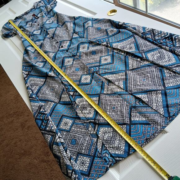 Fire Los Angeles Blue Button-up Maxi Dress M deep slits black mosaic waist tie - Picture 12 of 14